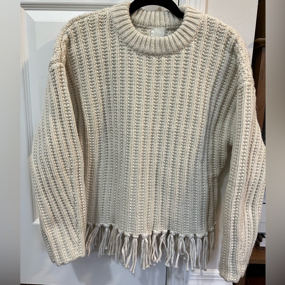 H&M cream sweater fringe; Medium